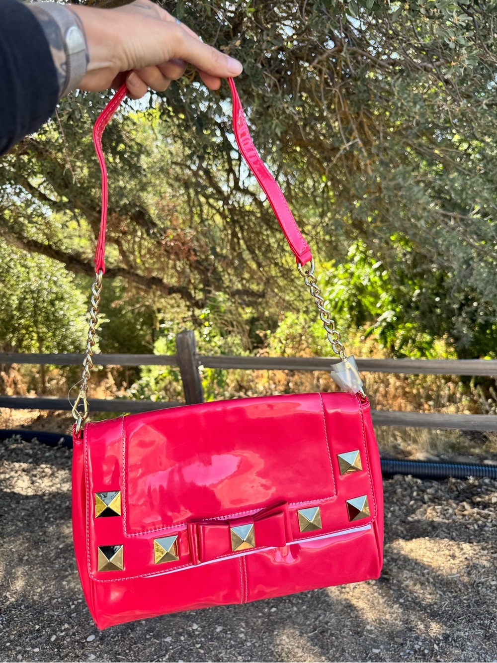 Patent Pink Studded Shoulder Bag with Chain Strap